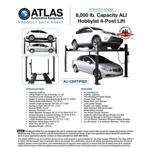 Ali Atlas Automotive Equipment Apex 8 ALI Certified 8,000 lb 4-Post Lift